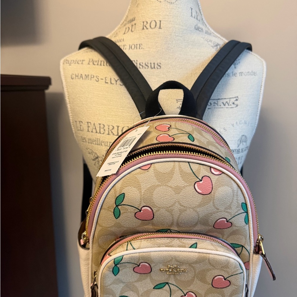 Coach Light Khaki Mini Backpack with Pink Cherry Print